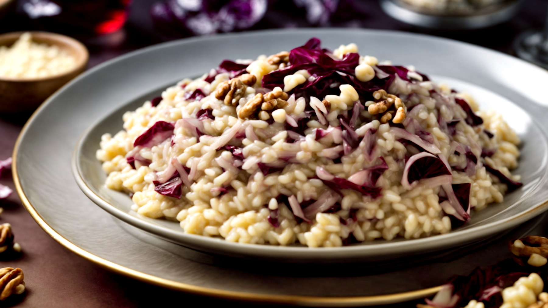 Risotto cremoso, radicchio rosso, noci tritate"